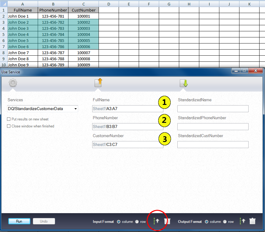 The figure shows an Excel spreadsheet with ten rows of data and three columns of data. The columns have the following headers: FullName, PhoneNumber, and CustNumber. Rows three through seven are highlighted in the spreadsheet. The Use Service window shows the following configuration: FullName Sheet1!A3:A7, PhoneNumber Sheet1!B3:B7, CustomerNumber Sheet1!C3:C7.
		