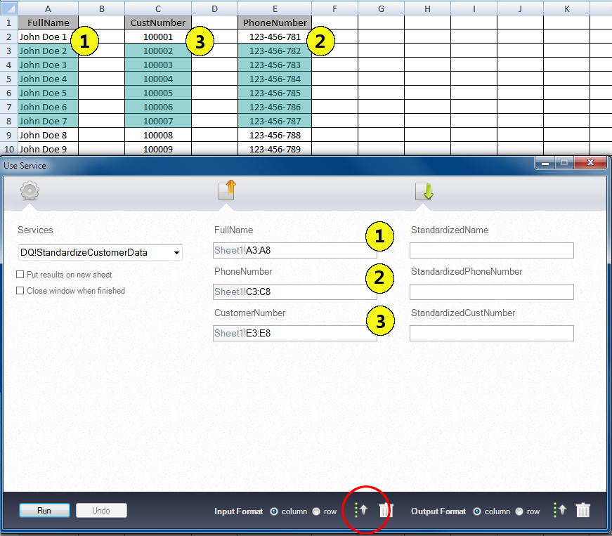 The figure shows highlighted columns in an Excel sheet that contain FullName, CustNumber, and PhoneNumber. The figure includes the Excel sheet column range for each field name in the Use Service window. The column range has the following syntax: Sheet1!A3:A8
		