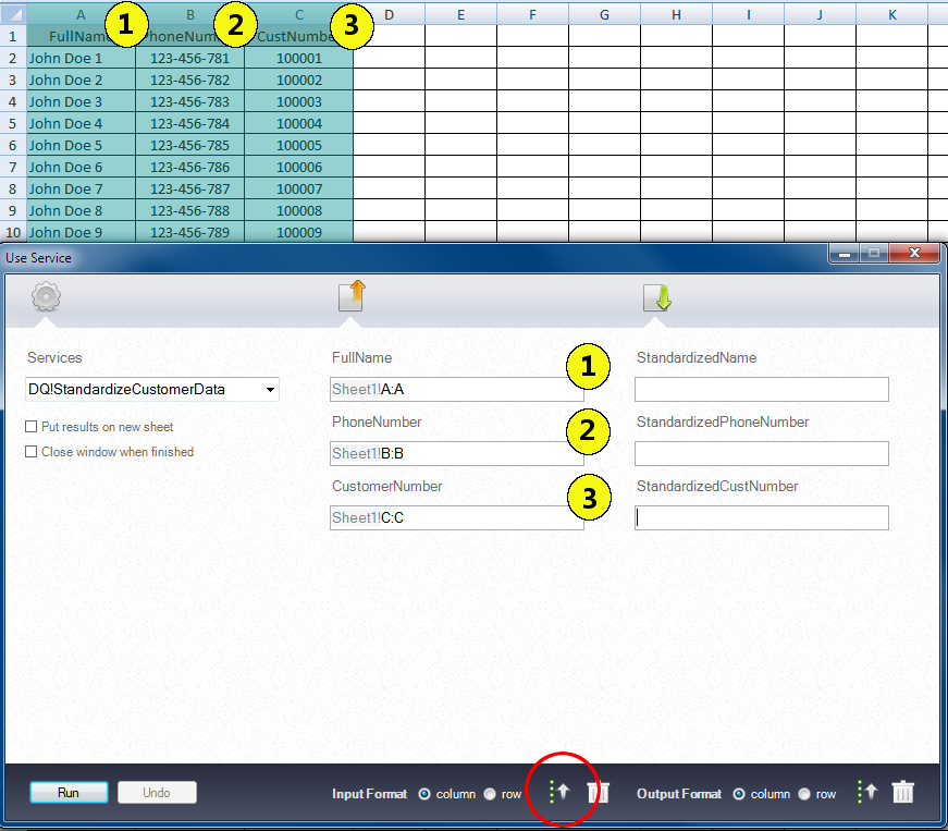 The figure shows an Excel sheet with ten rows of data. FullName is in column A, PhoneNumber is in column B, and CustomerNumber is in column C. The Use Service window shows the following configuration: FullName Sheet1!A:A, PhoneNumber Sheet1!B:B, and CustomerNumber Sheet1!C:C.
		