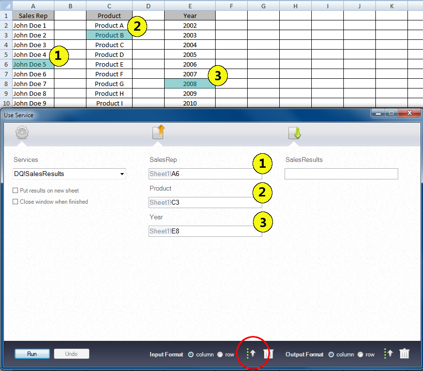 The figure shows an Excel sheet and corresponding Use Service window configuration. Three cells are highlighted in the Excel sheet. Each cell is in a different row and in a different column of the spreadsheet. The Use Service window shows the name of each field and the cell location of the field.
		