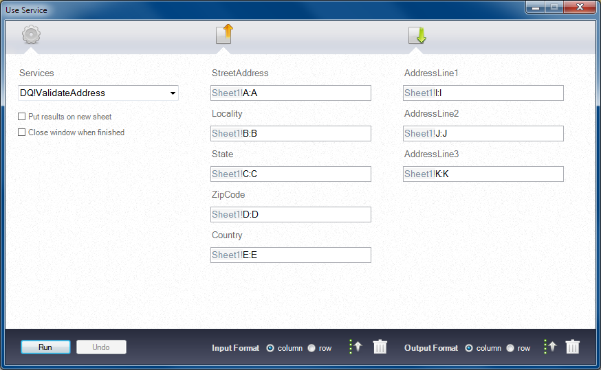 The User Service window contains multiple field names with an Excel spreadsheet cell range for each field. The cell ranges have the following syntax: Sheet1!A:A, Sheet1!B:B, Sheet1!C:C.
		
