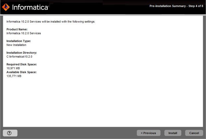 This image describes the pre-installation summary. 
				  