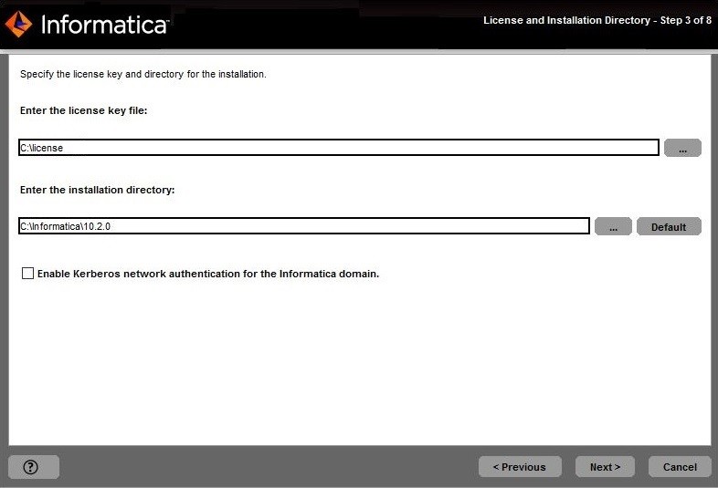 This image describes about the license key, installation directory, and enabling kerberos network for the Informatica domain. 
				  