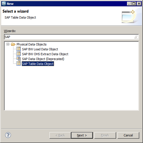 El cuadro de di&aacute;logo Nuevo objeto de datos muestra el objeto de datos de SAP en desuso y el nuevo objeto de datos de la tabla de SAP que debe utilizar. 
					 