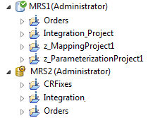 MRS1 es un repositorio de modelos con versi&oacute;n que contiene cuatro proyectos. El icono de MRS1 muestra una marca de verificaci&oacute;n verde para indicar que se trata de un repositorio con versi&oacute;n. El repositorio de modelos MRS2 no tiene versiones. Su icono muestra un icono con un engranaje amarillo.
		  