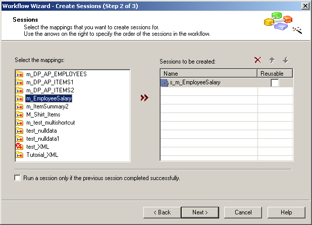 The Create Sessions page of the Workflow Wizard shows m_EmployeeSalary highlighted in the Select the Mappings list. 
				  