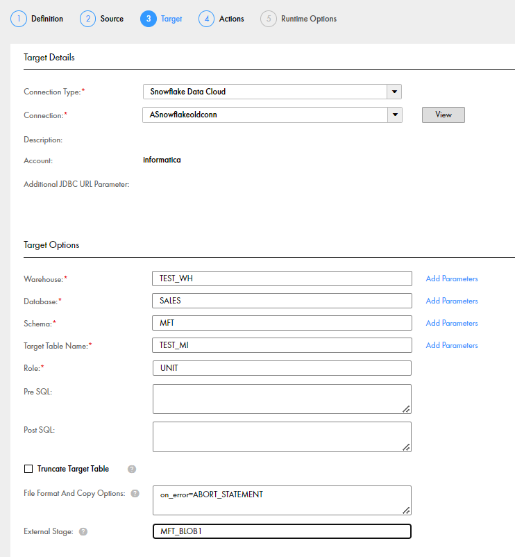 Snoflake Data Cloud target properties 
			 