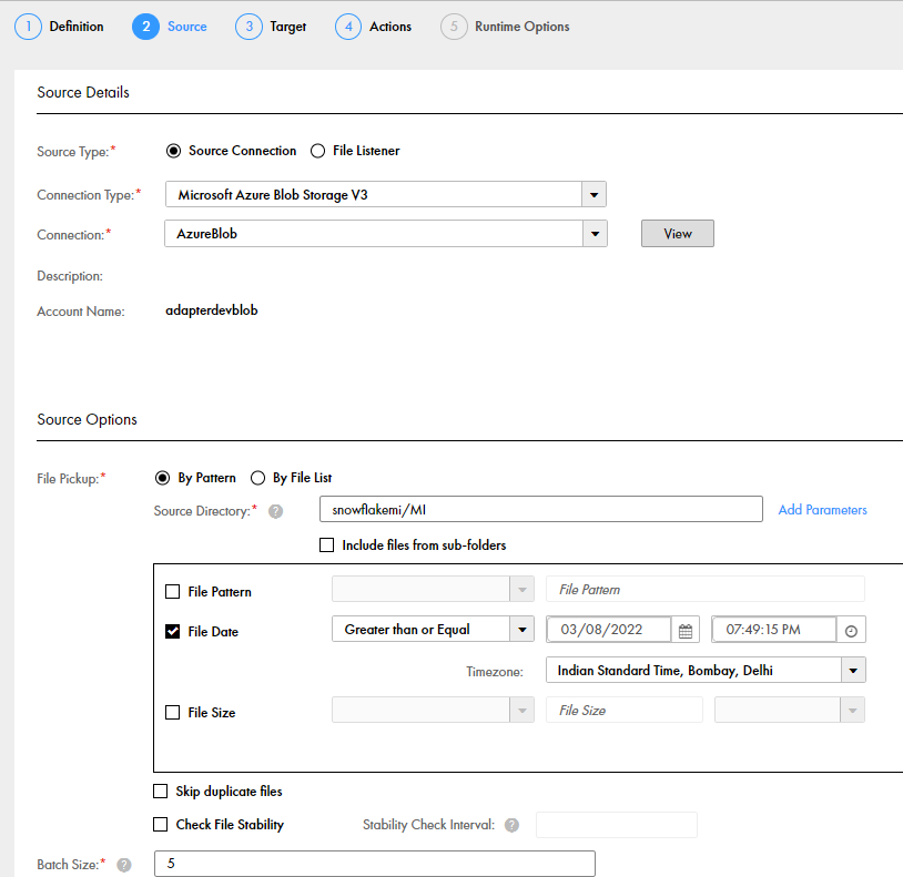 You can view the configured details on the Microsoft Azure Blob Storage Source tab in a mass ingestion task. 
			 
