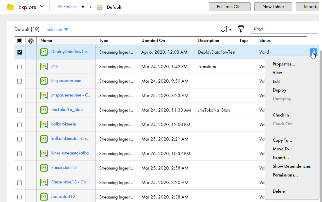 Shows the actions that you can perform on an ingestion task asset.