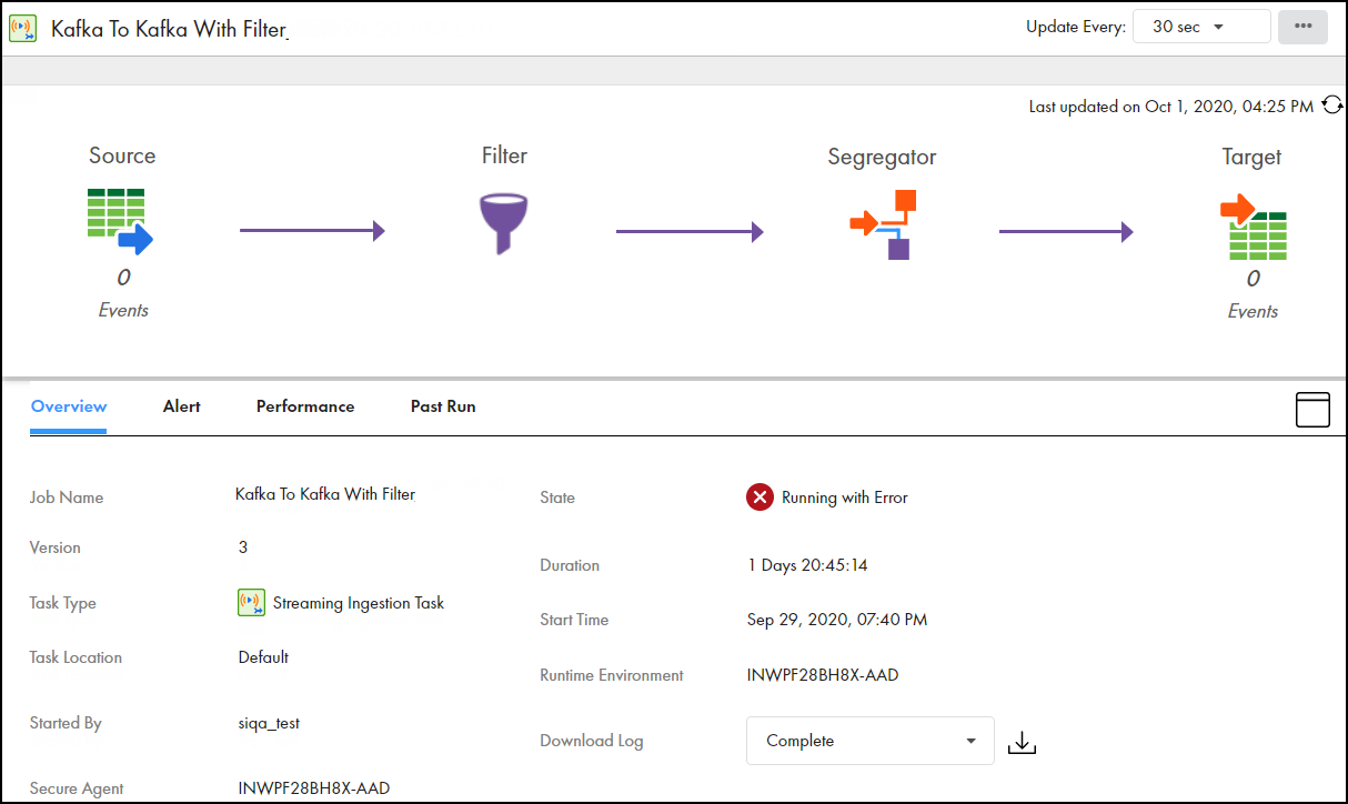 Shows the overview tab for the streaming ingestion job.