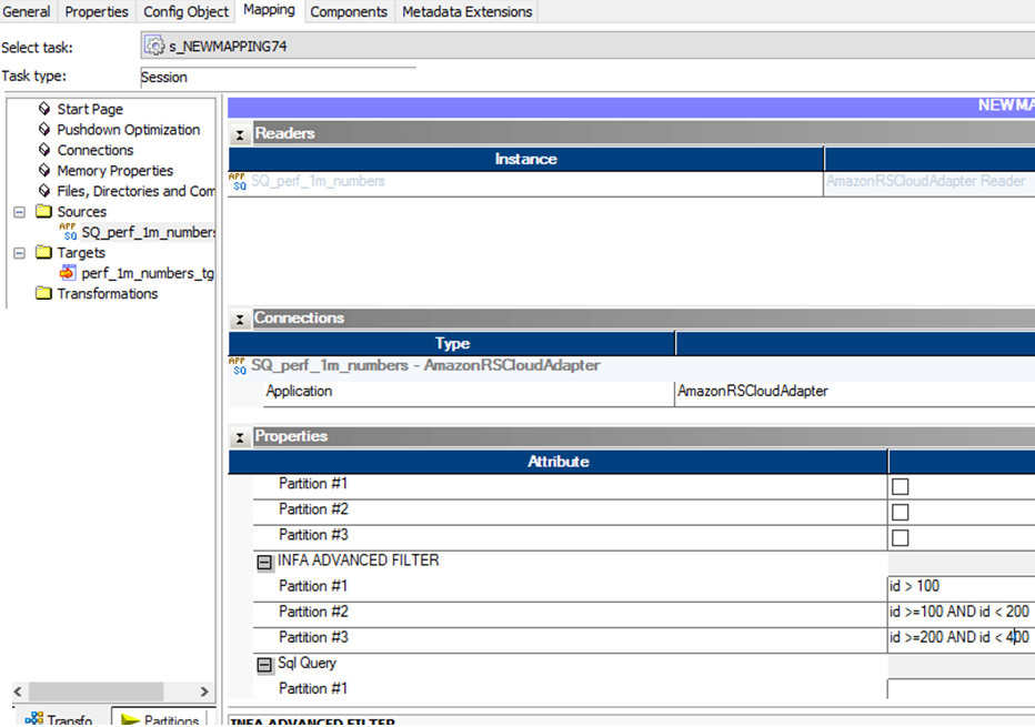 You can add  the filter conditions for each partition to optimize the search in the INFA ADVANCED FILTER attribute. 