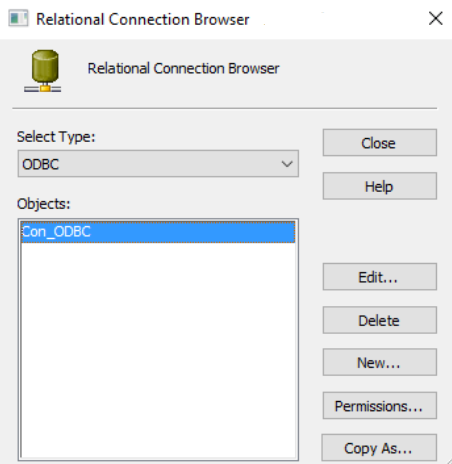 The following image shows the Relational Connection Browser box where you select the type as ODBC.