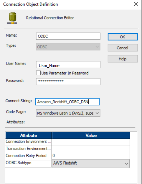 The following image shows the Relational Connection Editor box where you can configure the ODBC connection.
