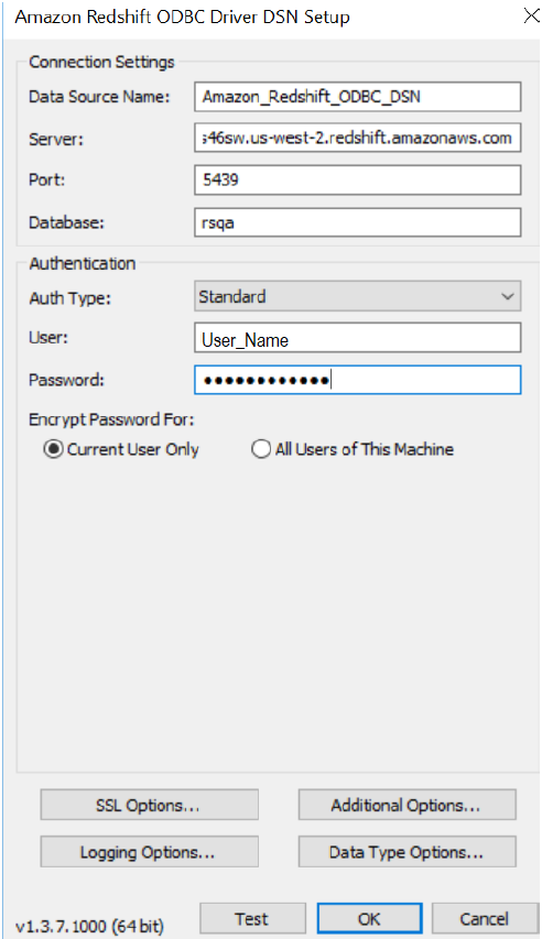 The following image shows the Amazon Redshift ODBC Driver DSN Setup box where you can configure the connection settings and authentication.