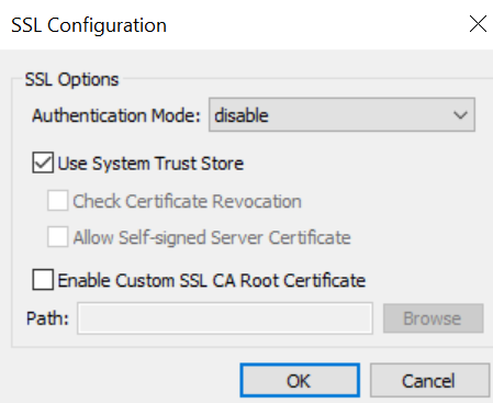 The following image shows the System DSN box where you must select the value of the Authentication Mode as disable.