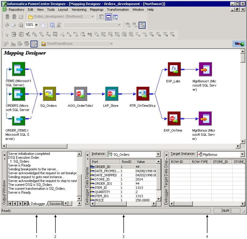 In addition to the mapping, the Debugger displays the debug log, session log, Instance window, and Target window. 