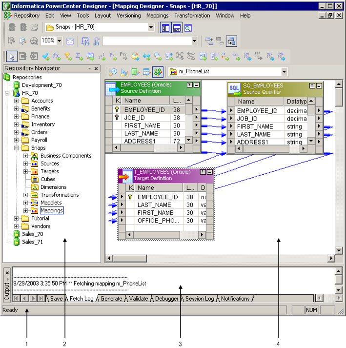 The Designer windows include the status bar, the Navigator, the Output window, and the workspace. 