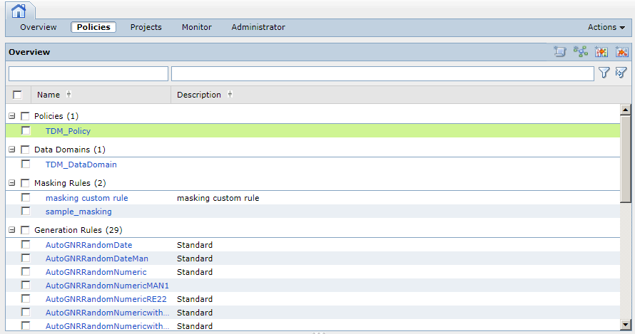 La vista Directivas muestra el nombre y la descripci&oacute;n de las directivas, los dominios de datos y las reglas del repositorio de TDM. Haga clic en una directiva, dominio de datos o regla para ver los detalles del objeto.
			 