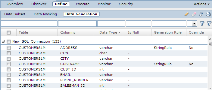 La vista Generaci&oacute;n de datos contiene las columnas Tabla, Columnas, Tipo de datos, Es nulo, Regla de generaci&oacute;n y Reemplazar.
			 