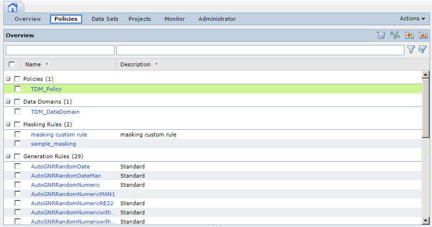 La vista Directivas muestra el nombre y la descripci&oacute;n de las directivas, los dominios de datos y las reglas del repositorio de TDM. Haga clic en una directiva, dominio de datos o regla para ver los detalles del objeto.
			 
